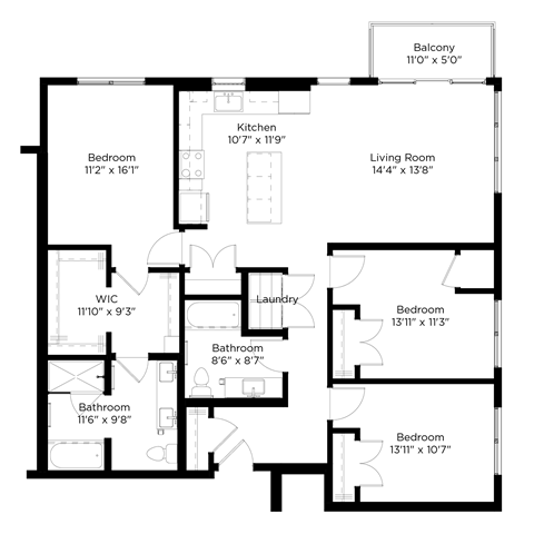 Floor plan for 3 beds, 2 baths, 1454 sqft